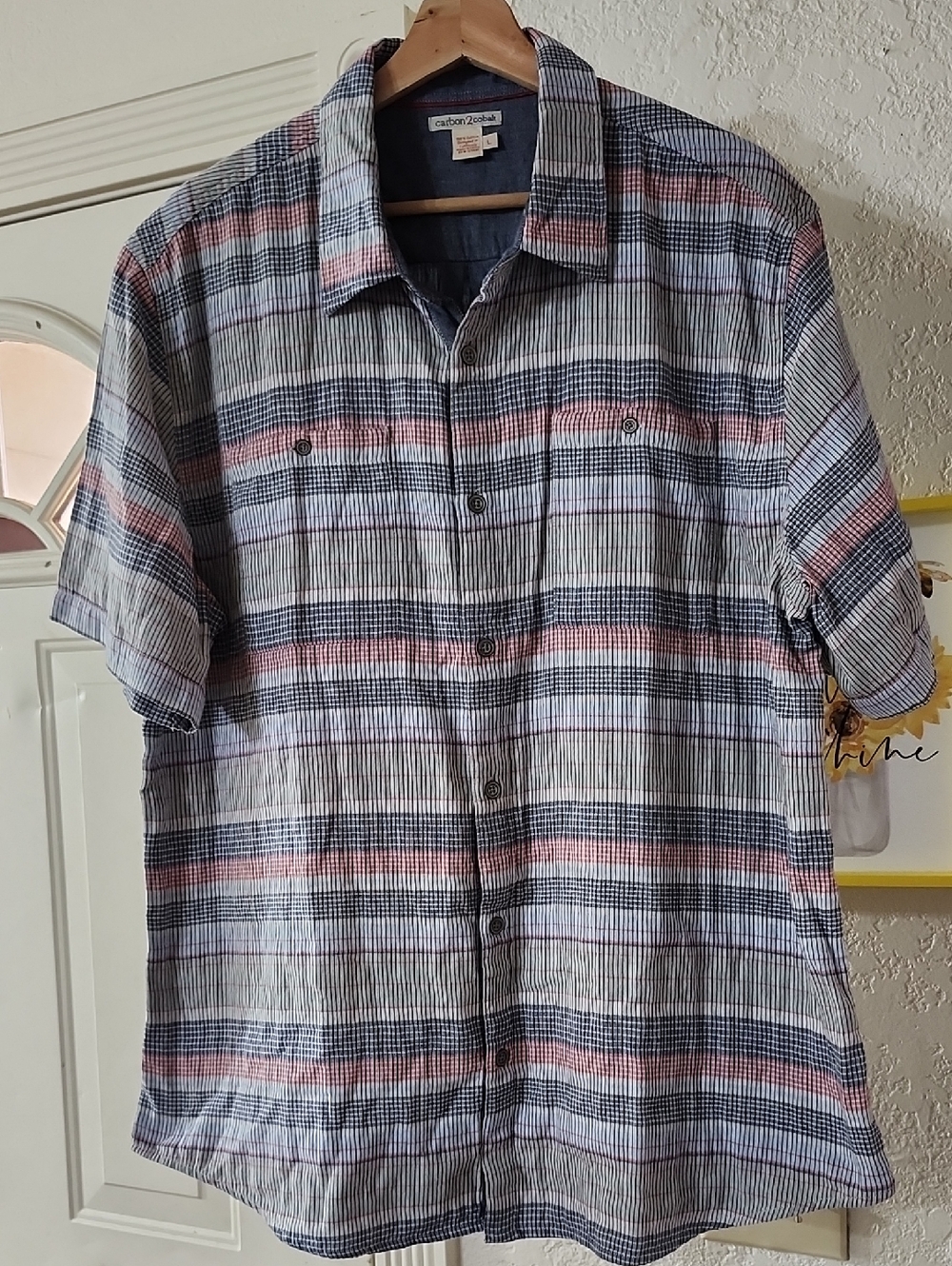 Caribbean Joe Men's Short Sleeve Button-Down Shirt - Blue & Pink Stripe